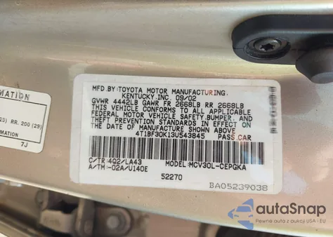 2003 Toyota Camry Le/Se/Xle from USA, damaged, VIN 4T1BF30K13U543845